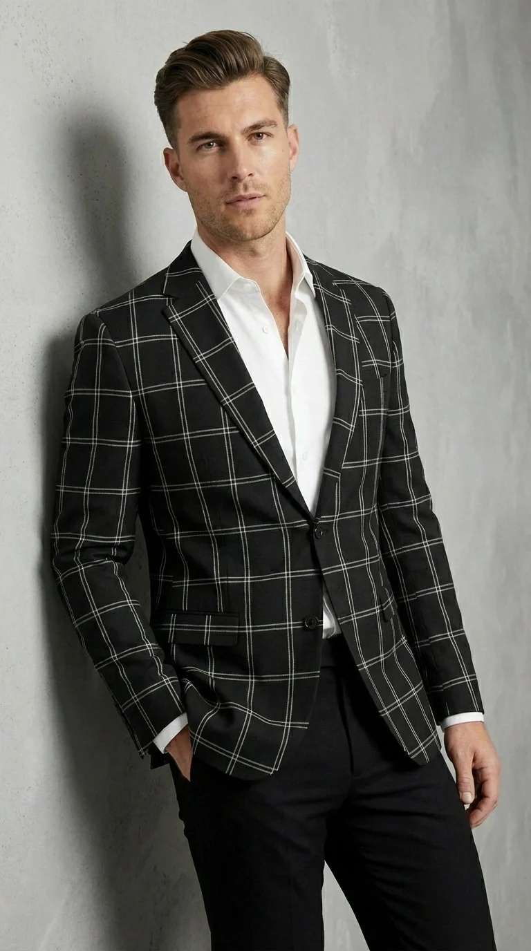 Men’s Black Windowpane Check Blazer – Black Plaid Formal Blazer Jacket for Business, Wedding and Smart Casual Style - Image 6