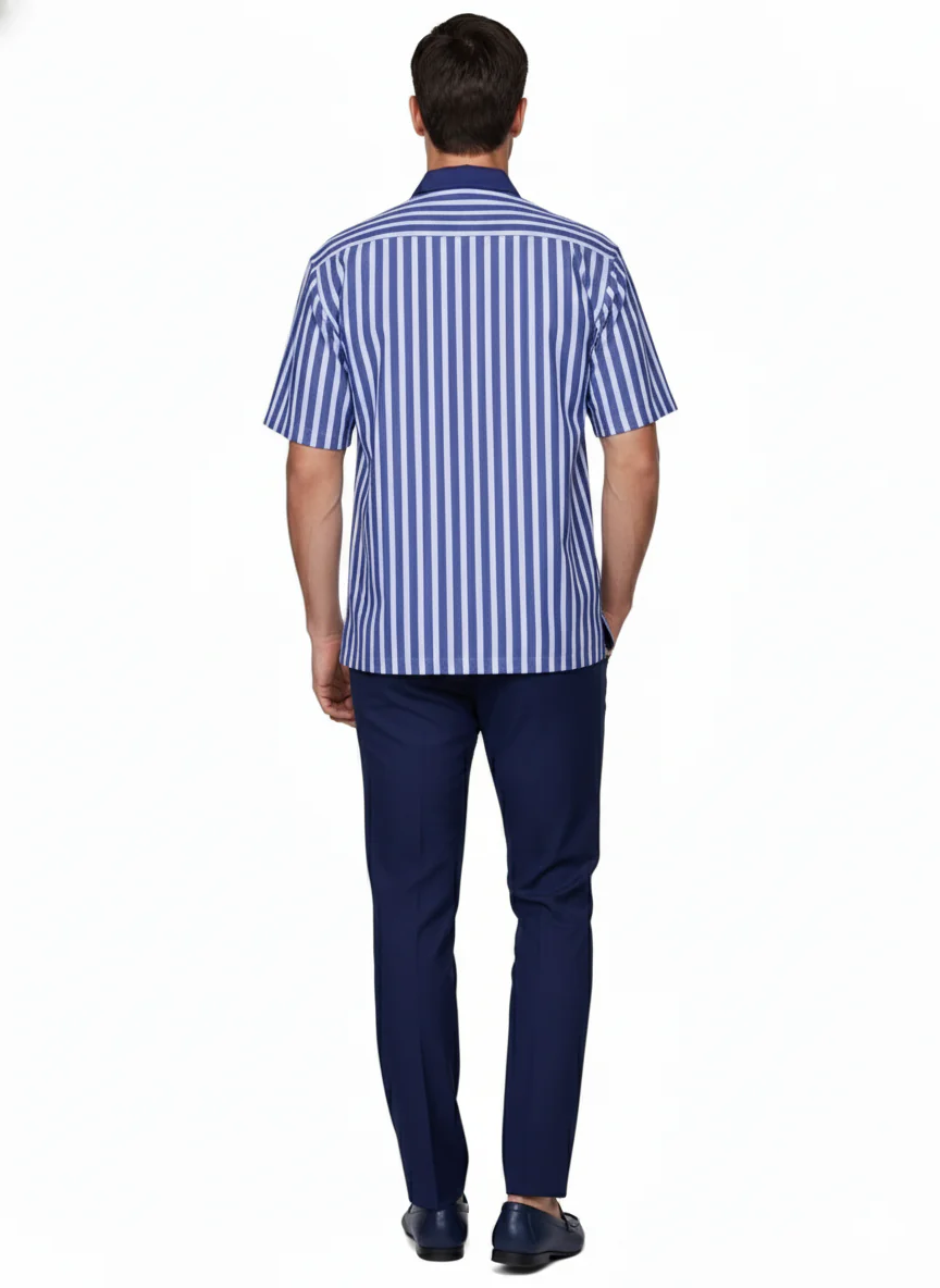 Men’s Blue and White Vertical Stripe Short Sleeve Shirt Set – Casual Summer Two-Piece Outfit - Image 2