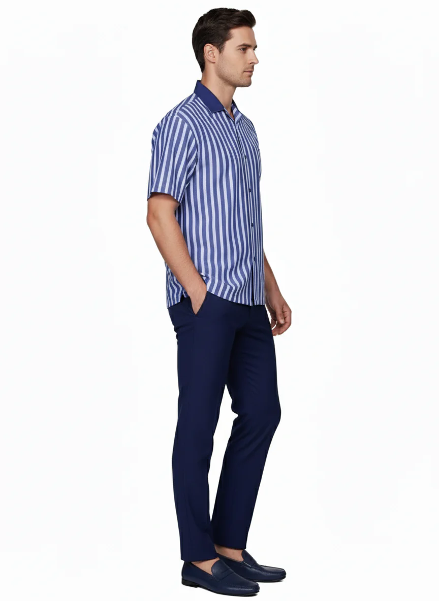 Men’s Blue and White Vertical Stripe Short Sleeve Shirt Set – Casual Summer Two-Piece Outfit - Image 3