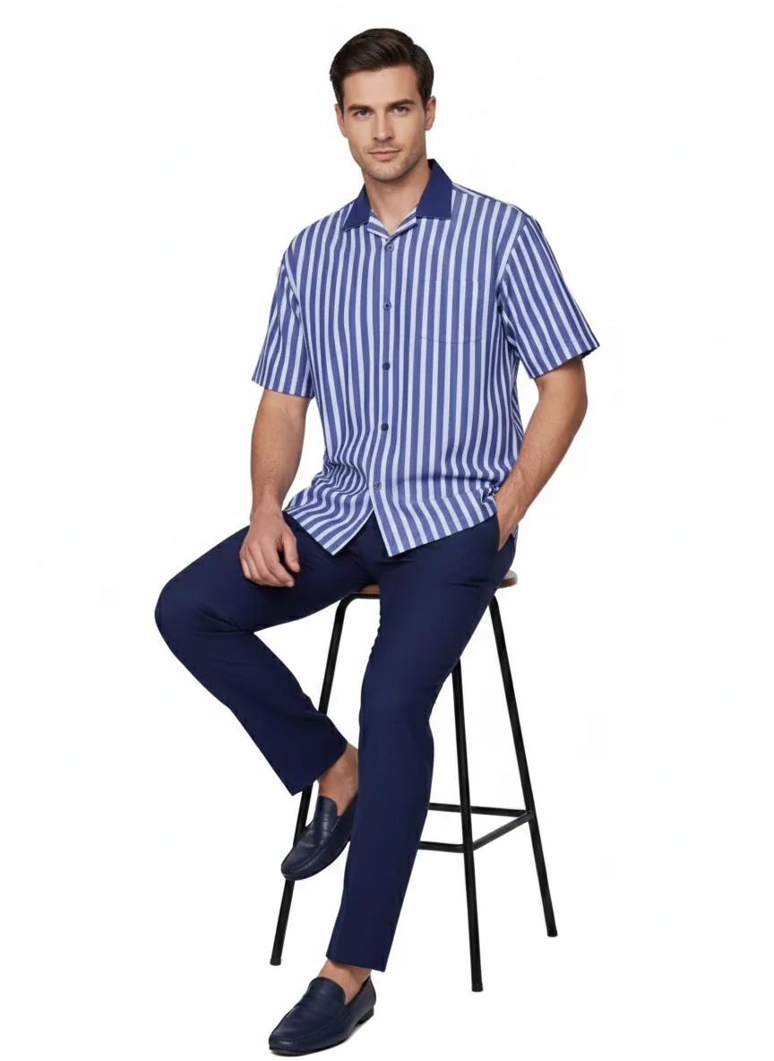 Men’s Blue and White Vertical Stripe Short Sleeve Shirt Set – Casual Summer Two-Piece Outfit - Image 4