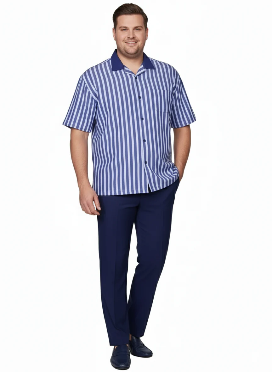 Men’s Blue and White Vertical Stripe Short Sleeve Shirt Set – Casual Summer Two-Piece Outfit - Image 6
