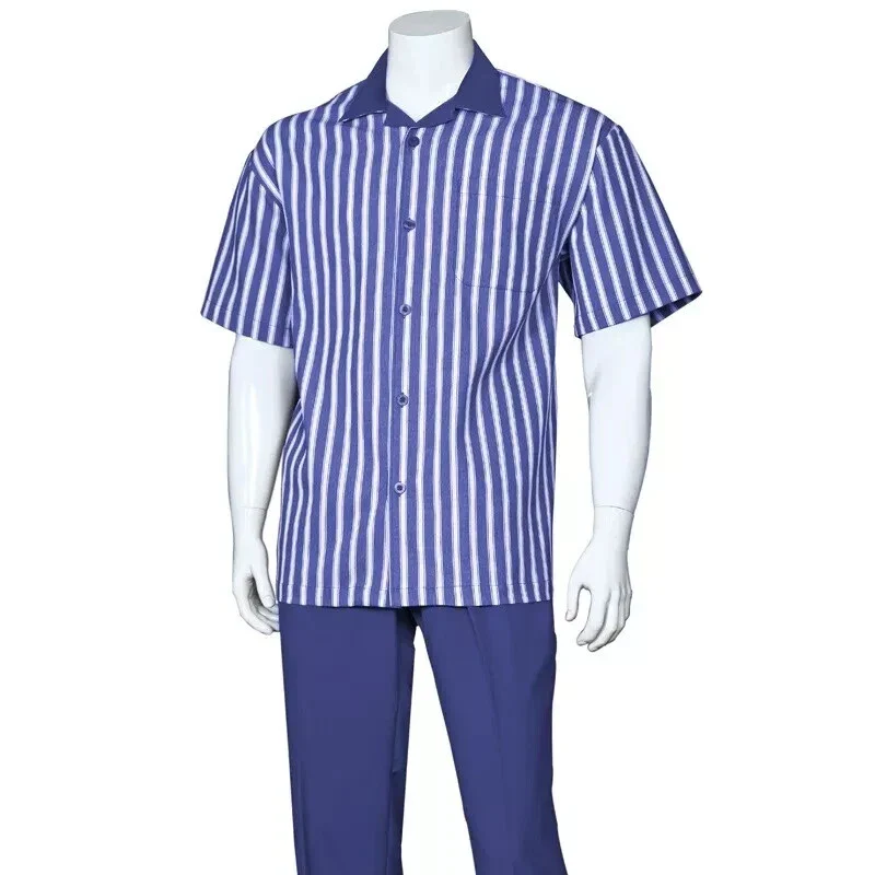 Men’s Blue and White Vertical Stripe Short Sleeve Shirt Set – Casual Summer Two-Piece Outfit - Image 7