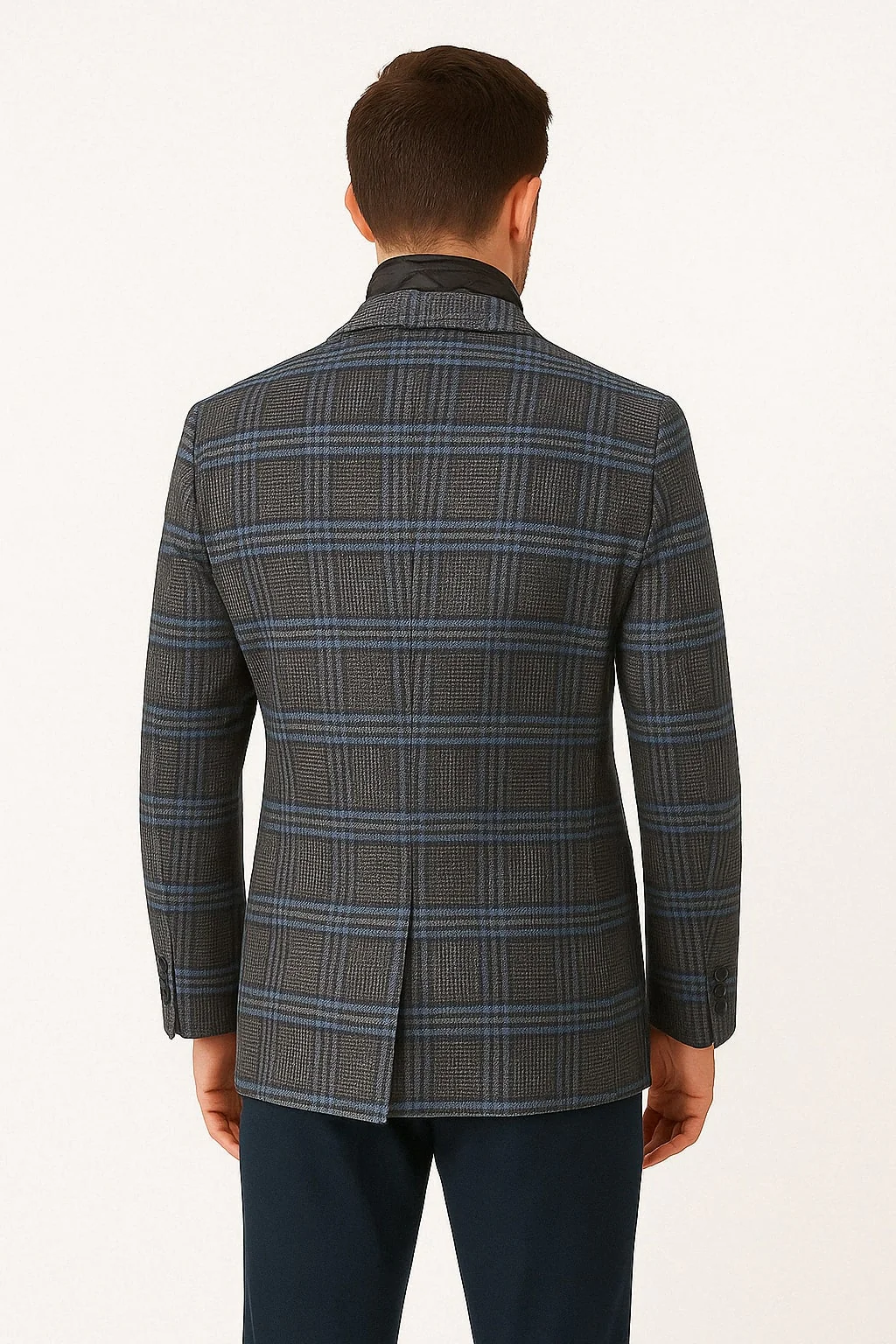 Men’s Blue & Grey Checkered Wool Blazer with Quilted Inner Layer – Alberto Nardoni Collection - Image 3