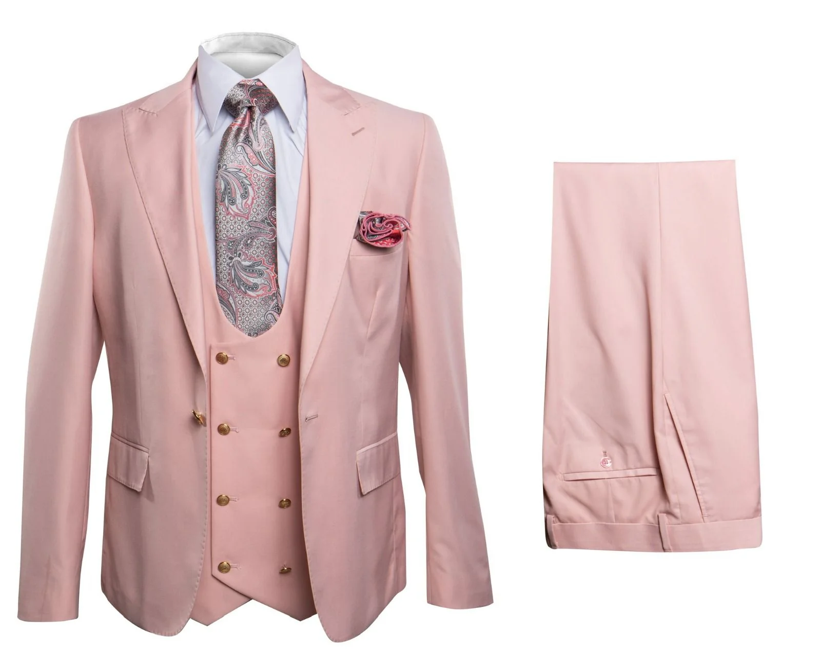 Men’s Blush Pink and Gold Three-Piece Suit – Tailored Fit Formal Wedding, Vested Suit By Rossiman - Image 11