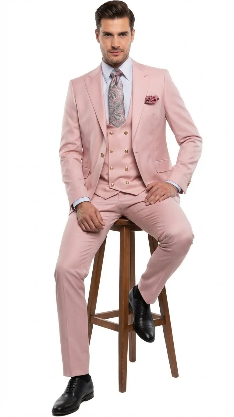Men’s Blush Pink and Gold Three-Piece Suit – Tailored Fit Formal Wedding, Vested Suit By Rossiman - Image 4