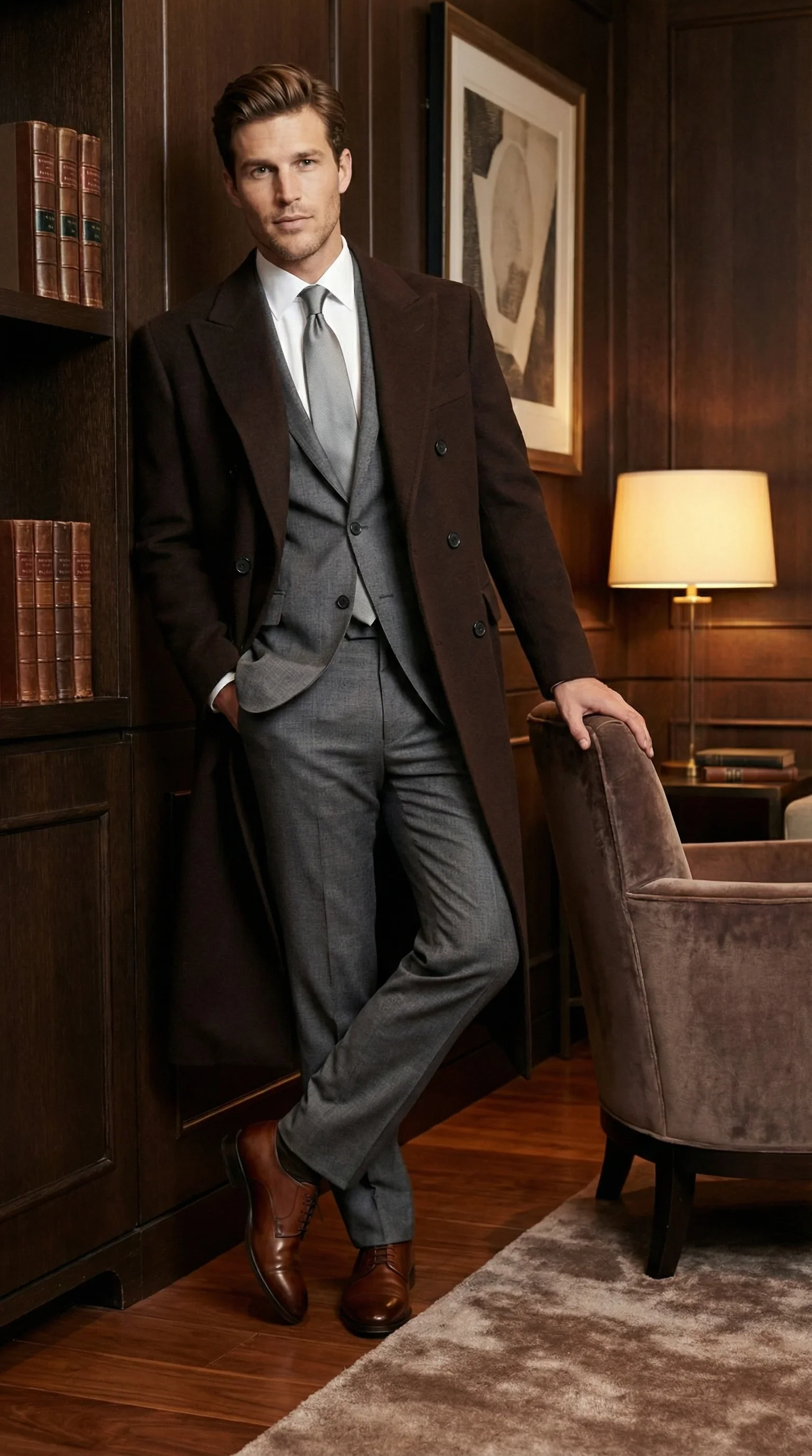 Men’s Brown Long Overcoat – Double Breasted Classic Formal Winter Coat for Business, Topcoat and Cold Weather Wear - Image 3