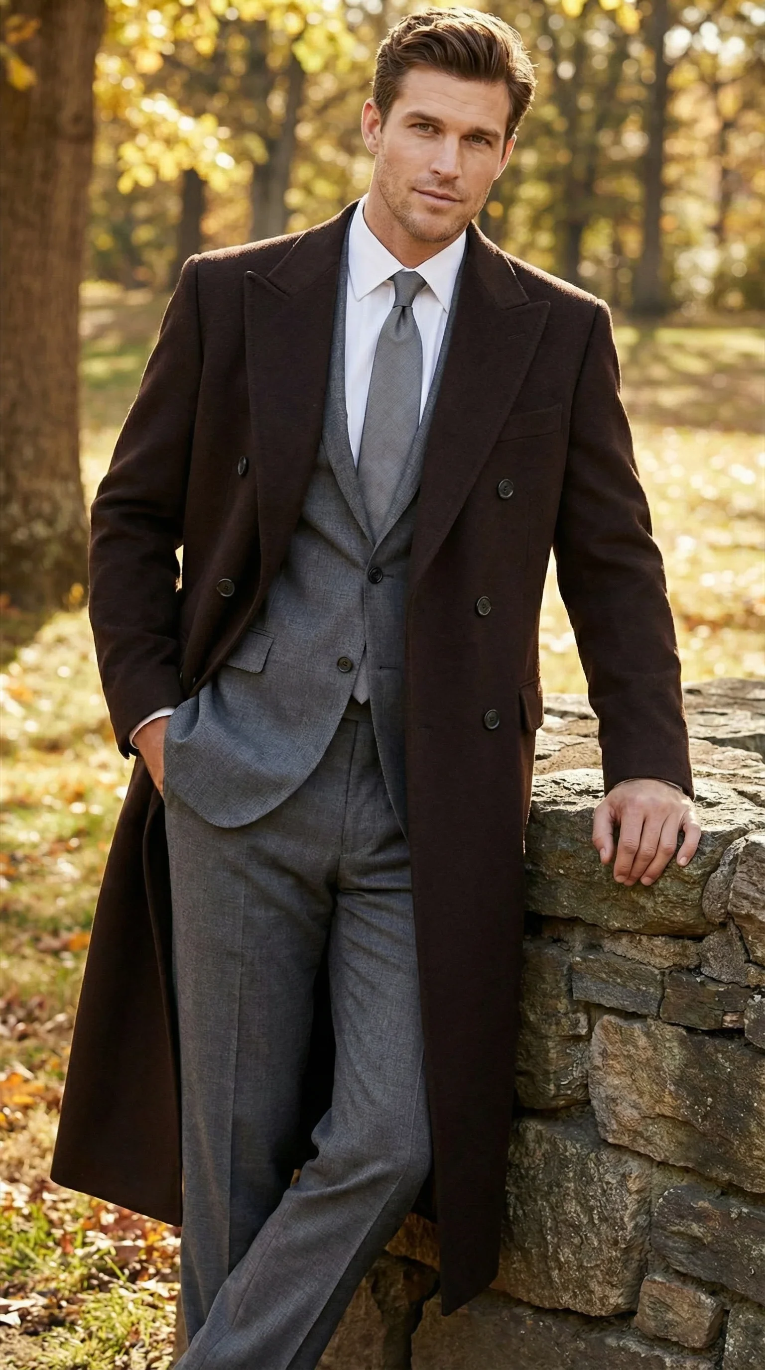 Men’s Brown Long Overcoat – Double Breasted Classic Formal Winter Coat for Business, Topcoat and Cold Weather Wear - Image 4