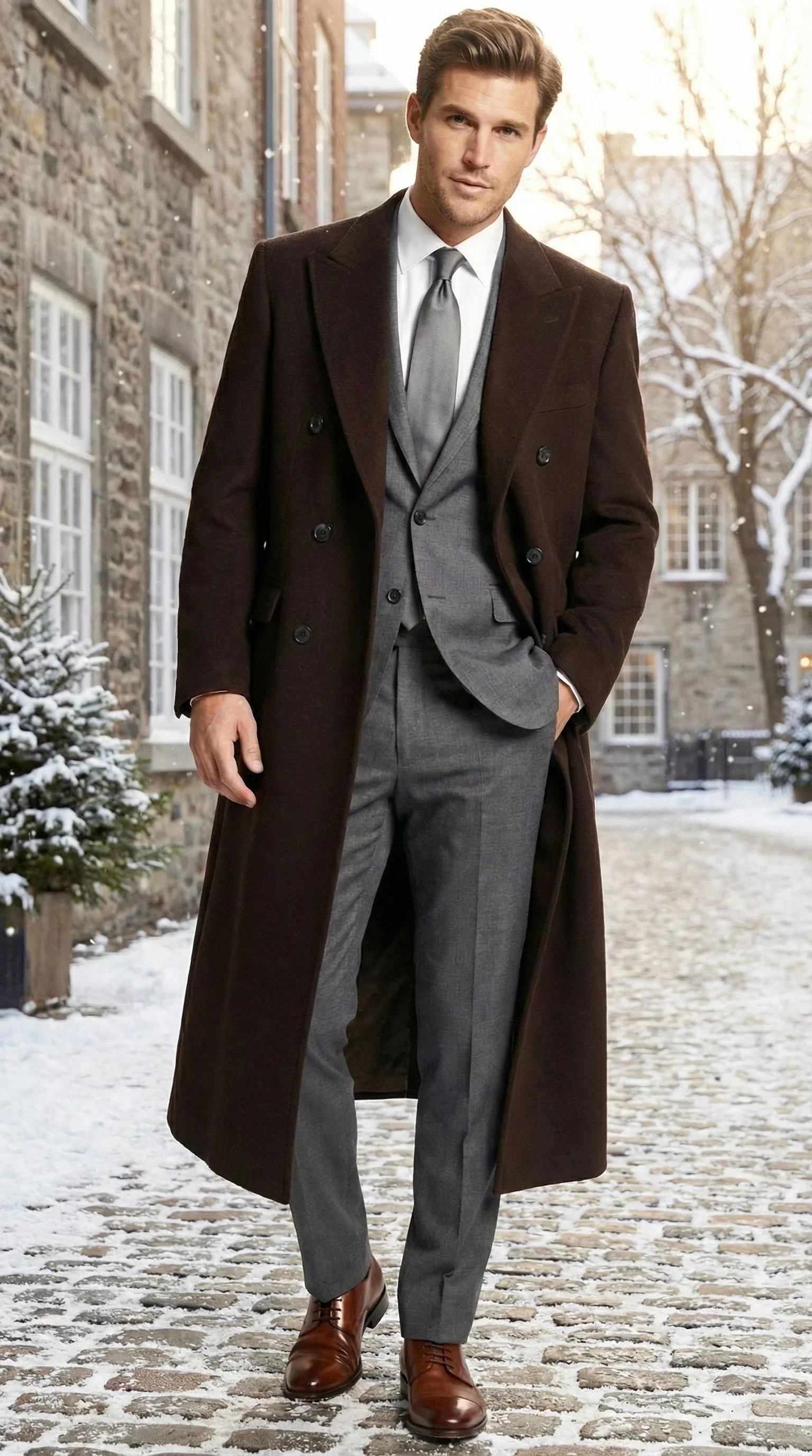 Men’s Brown Long Overcoat – Double Breasted Classic Formal Winter Coat for Business, Topcoat and Cold Weather Wear - Image 5