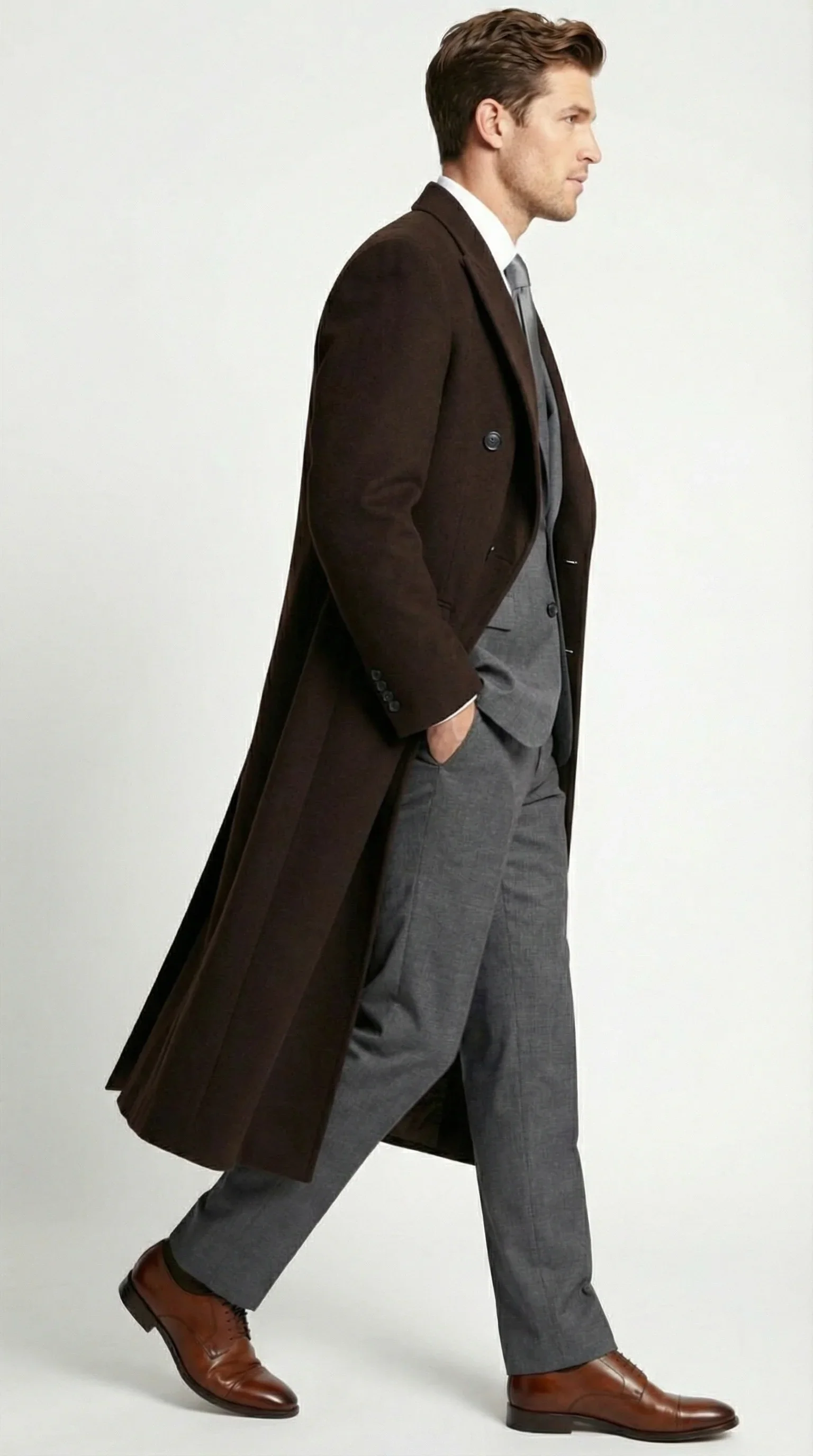 Men’s Brown Long Overcoat – Double Breasted Classic Formal Winter Coat for Business, Topcoat and Cold Weather Wear - Image 9