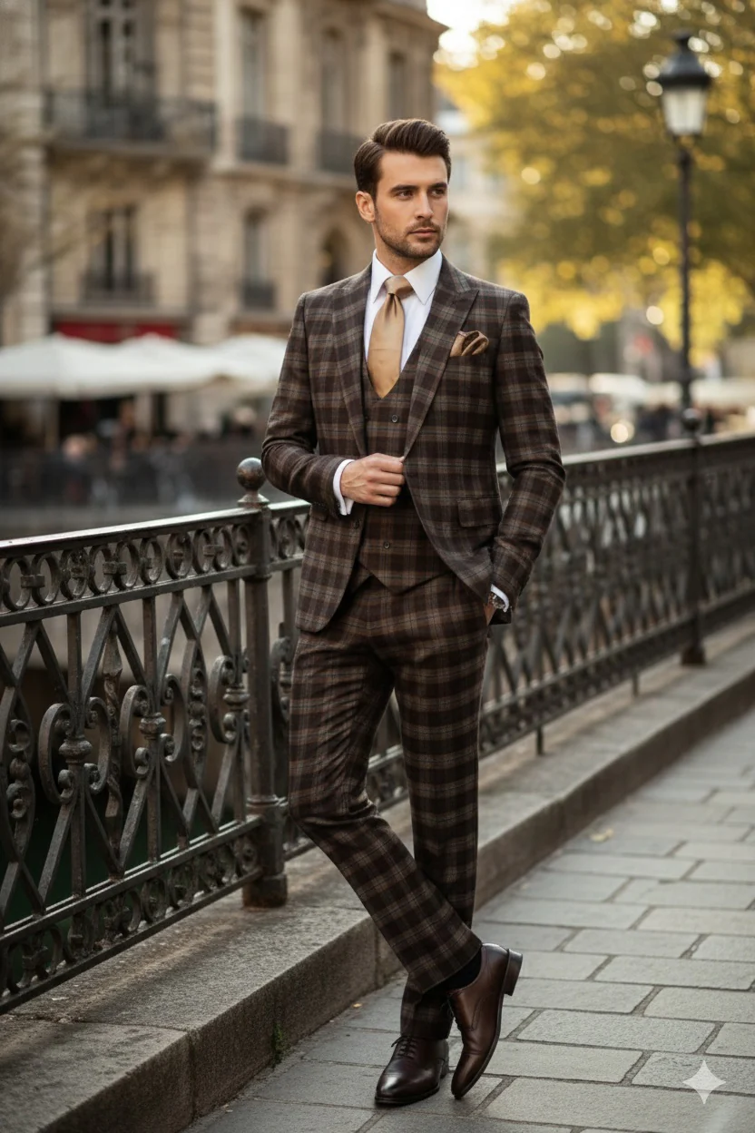 Men’s Brown Plaid Windowpane Three-Piece Suit Set – Classic Slim Fit Jacket, Double-Breasted Vest and Modern Fit Pants By Rossiman - Image 5