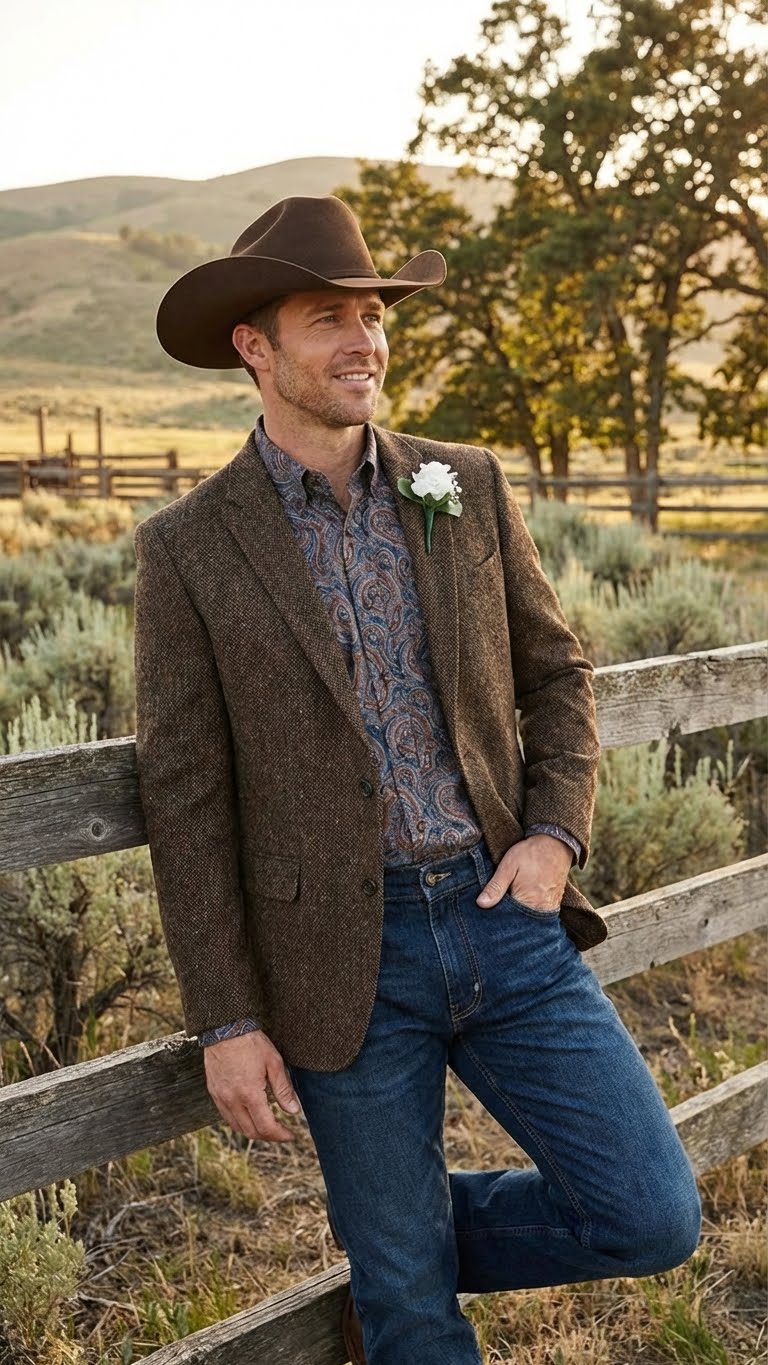 Men’s Brown Western Tweed Herringbone Blazer Jacket – Classic Cowboy Style Sport Coat for Wedding Party - Image 10