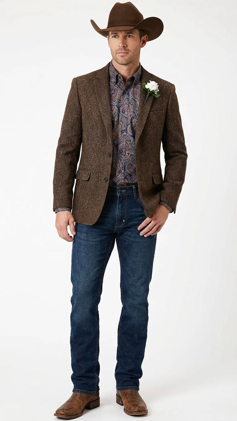 Men’s Brown Western Tweed Herringbone Blazer Jacket – Classic Cowboy Style Sport Coat for Wedding Party - Image 11