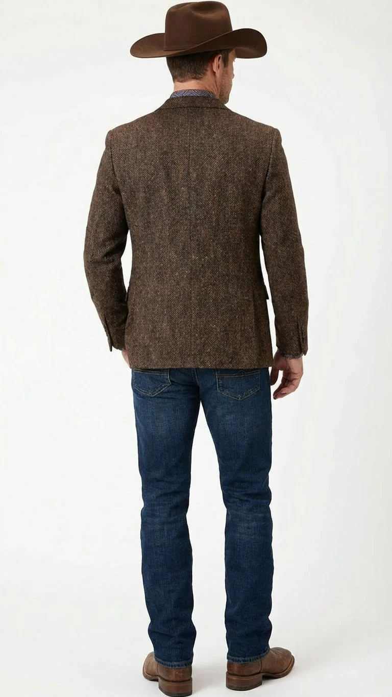 Men’s Brown Western Tweed Herringbone Blazer Jacket – Classic Cowboy Style Sport Coat for Wedding Party - Image 3