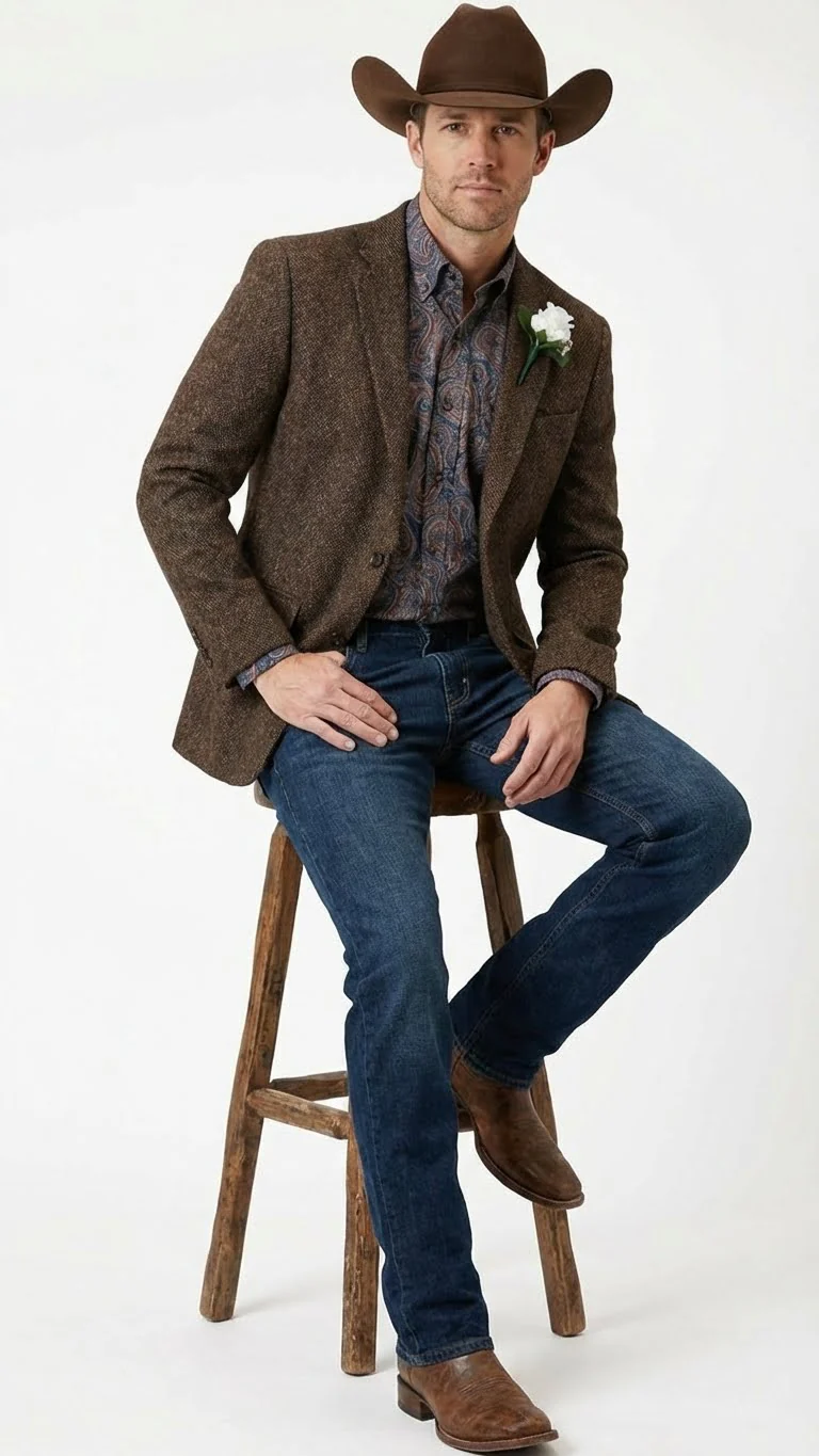 Men’s Brown Western Tweed Herringbone Blazer Jacket – Classic Cowboy Style Sport Coat for Wedding Party - Image 4