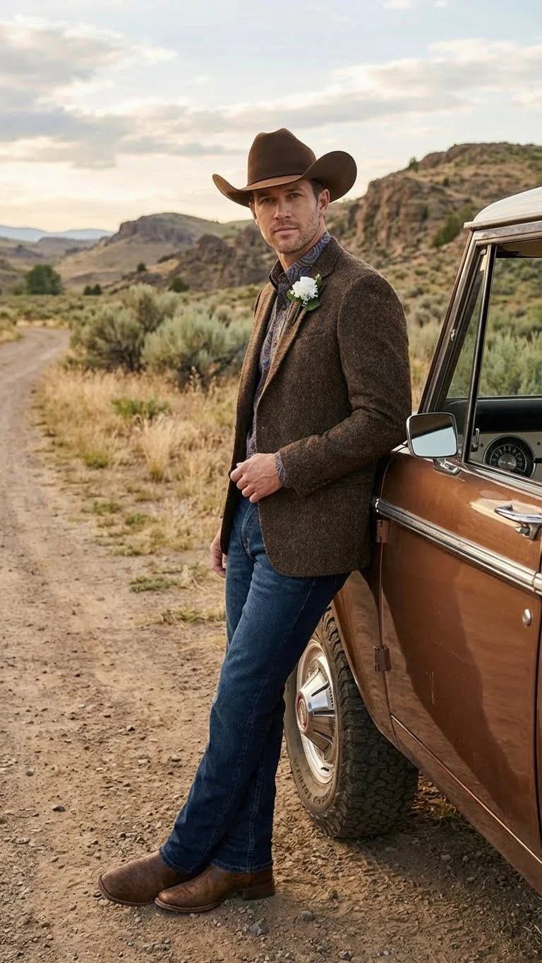 Men’s Brown Western Tweed Herringbone Blazer Jacket – Classic Cowboy Style Sport Coat for Wedding Party - Image 7