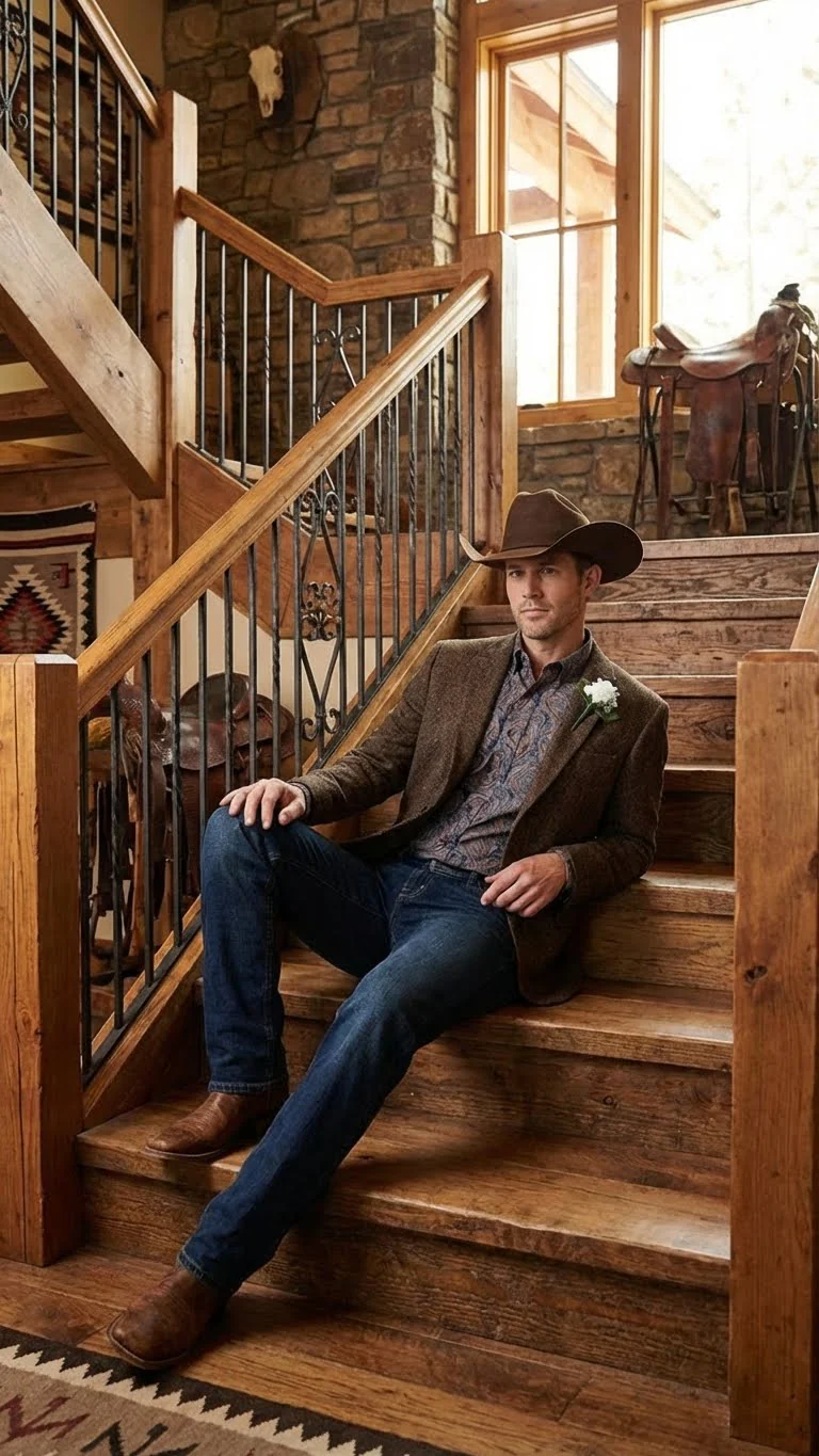 Men’s Brown Western Tweed Herringbone Blazer Jacket – Classic Cowboy Style Sport Coat for Wedding Party - Image 8