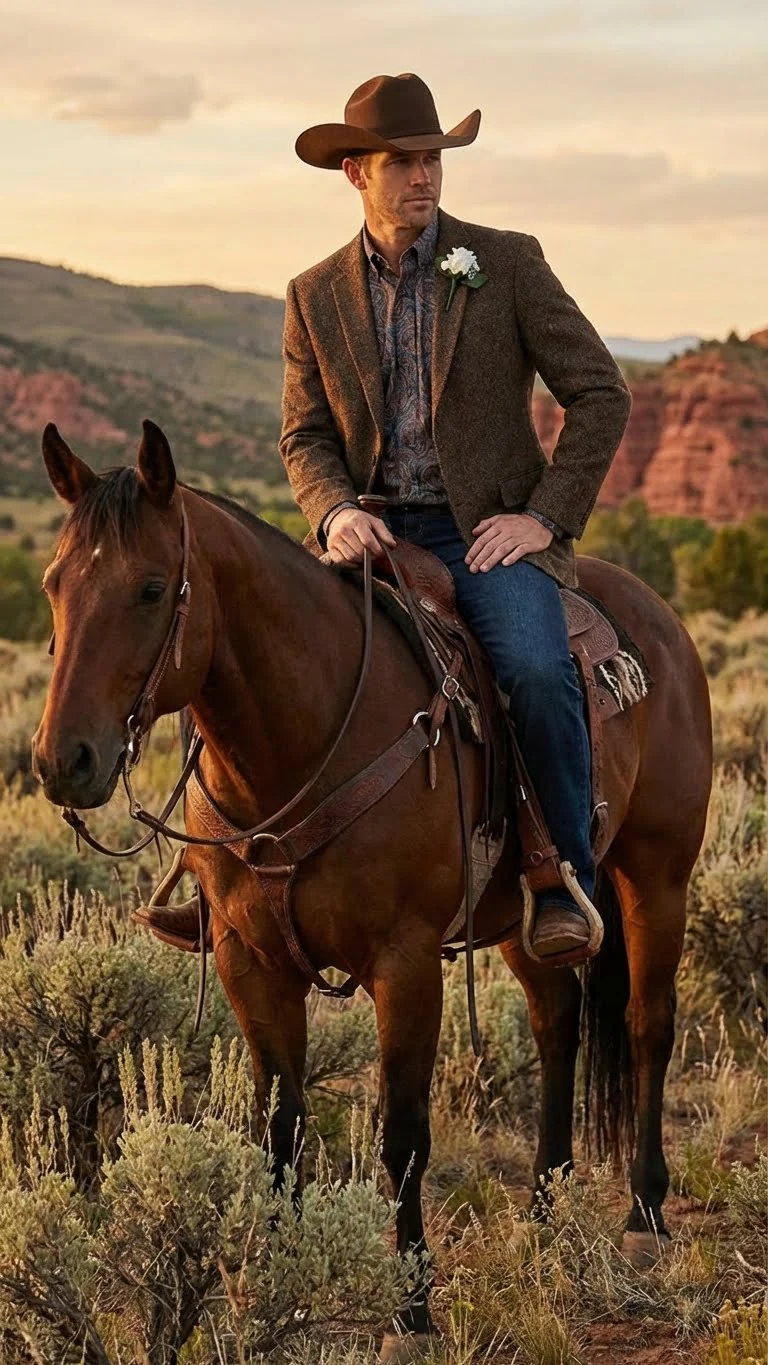 Men’s Brown Western Tweed Herringbone Blazer Jacket – Classic Cowboy Style Sport Coat for Wedding Party - Image 9