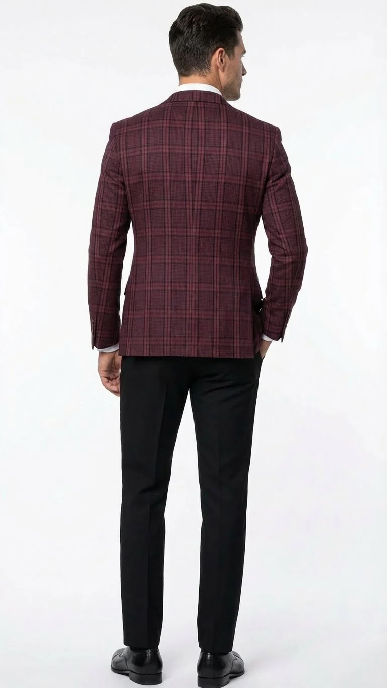 Men’s Burgundy Check Blazer – Windowpane Plaid blazer in Maroon Wine Color - Image 9