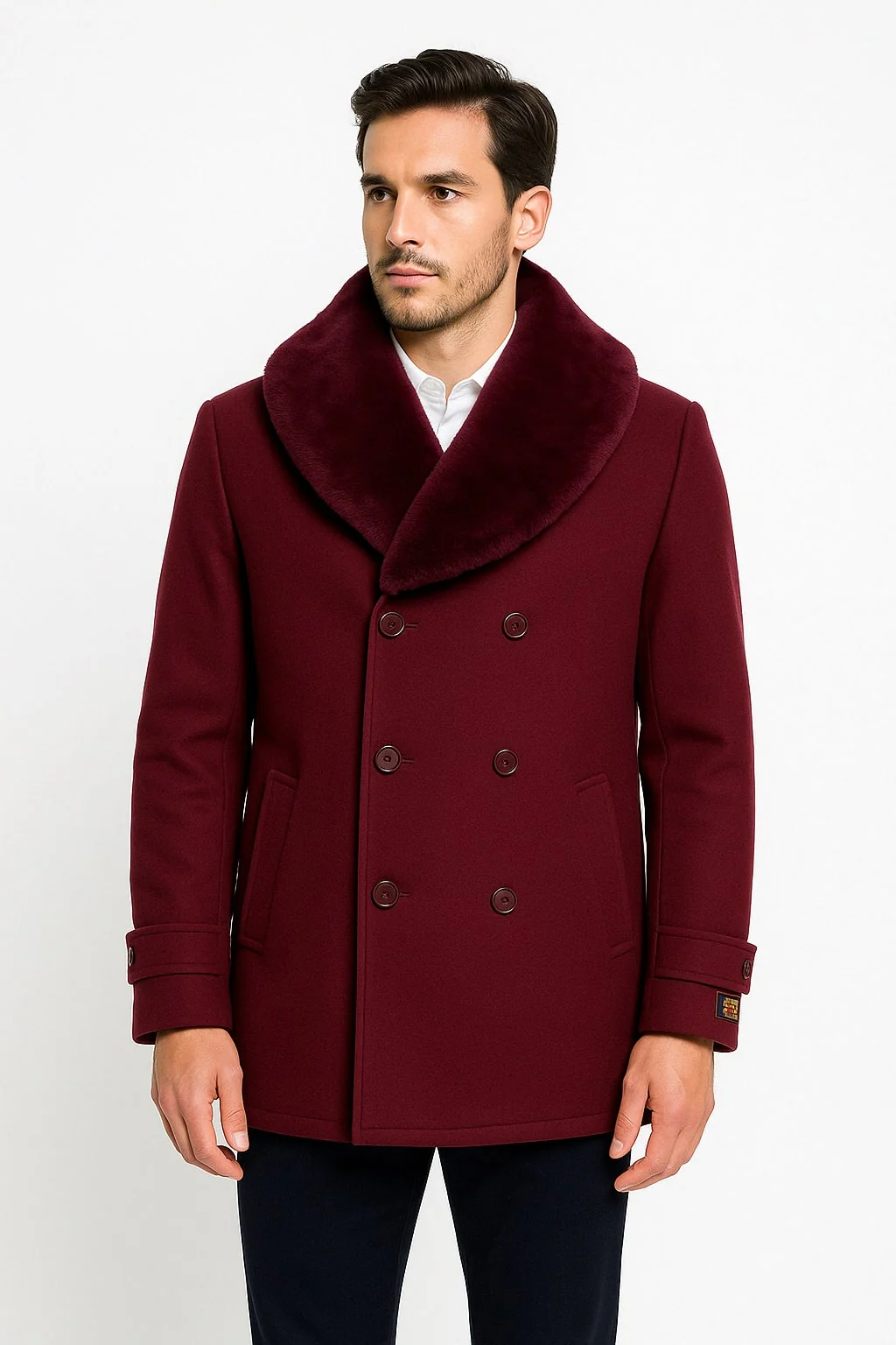Men’s Burgundy Double-Breasted Overcoat with Faux Fur Shawl Collar – Alberto Nardoni Signature - Image 3