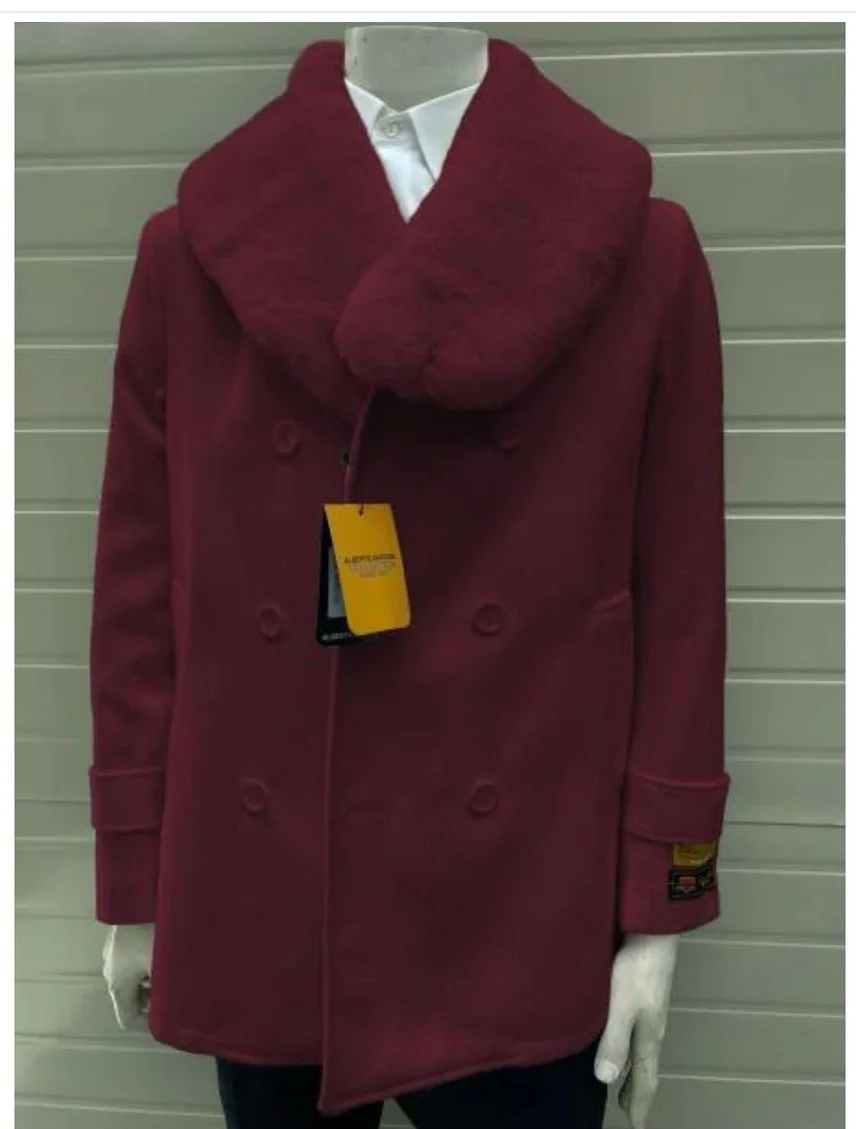 Men’s Burgundy Double-Breasted Overcoat with Faux Fur Shawl Collar – Alberto Nardoni Signature - Image 4
