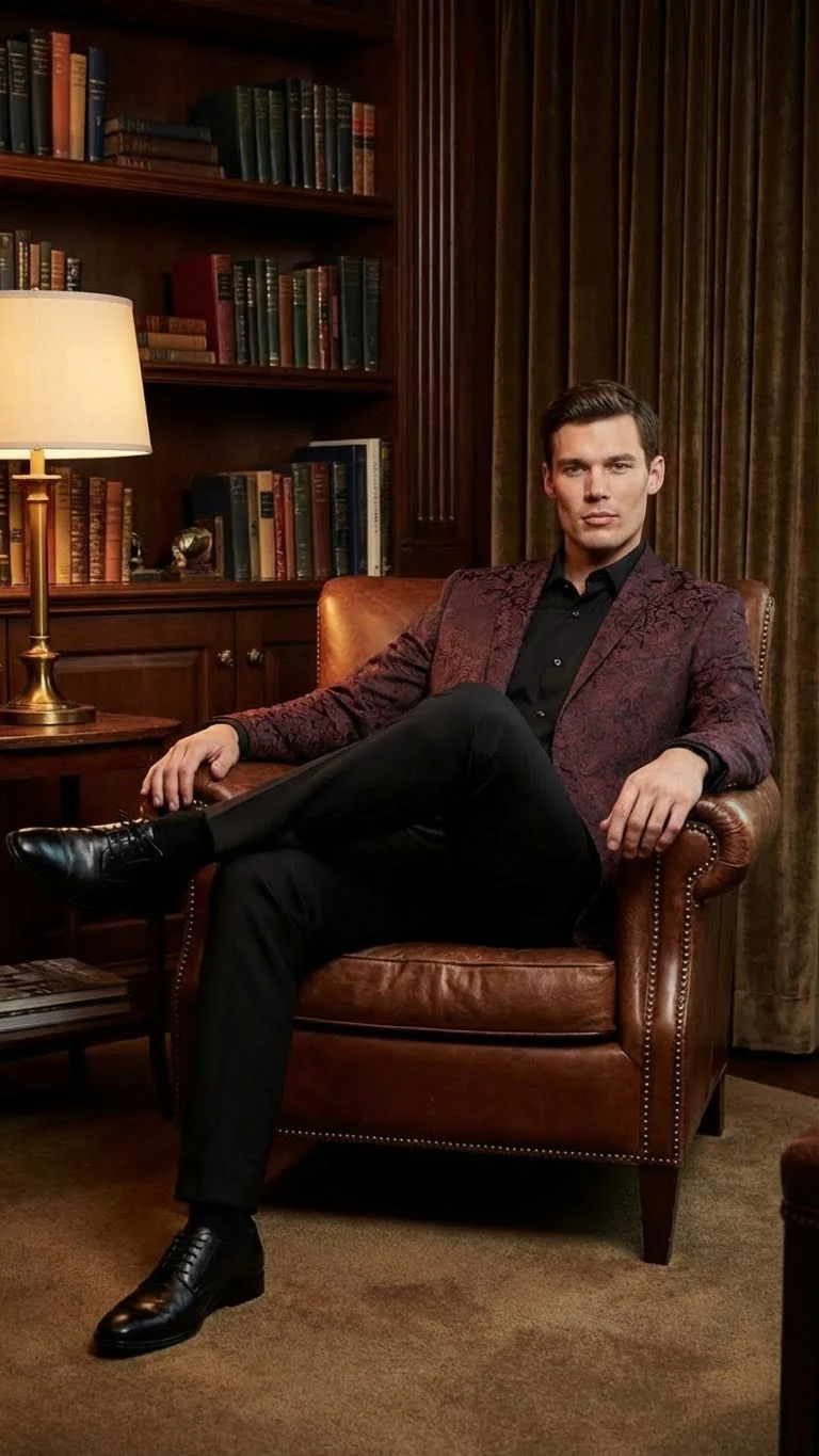 Men’s Burgundy Paisley Blazer Sport Coat – Velvet Dinner Jacket floral in Maroon Wine Color Ultra Slim Fit Smoking Jacket - Image 11