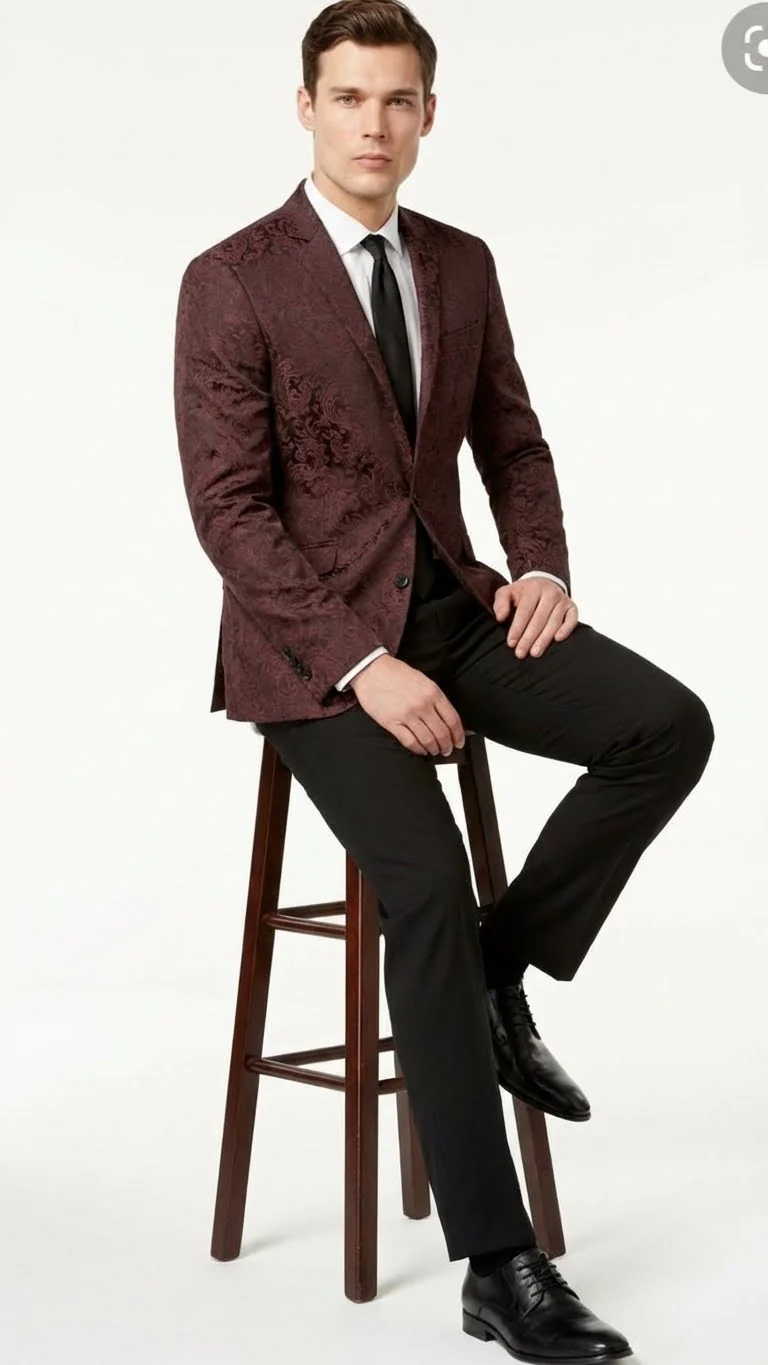Men’s Burgundy Paisley Blazer Sport Coat – Velvet Dinner Jacket floral in Maroon Wine Color Ultra Slim Fit Smoking Jacket - Image 4