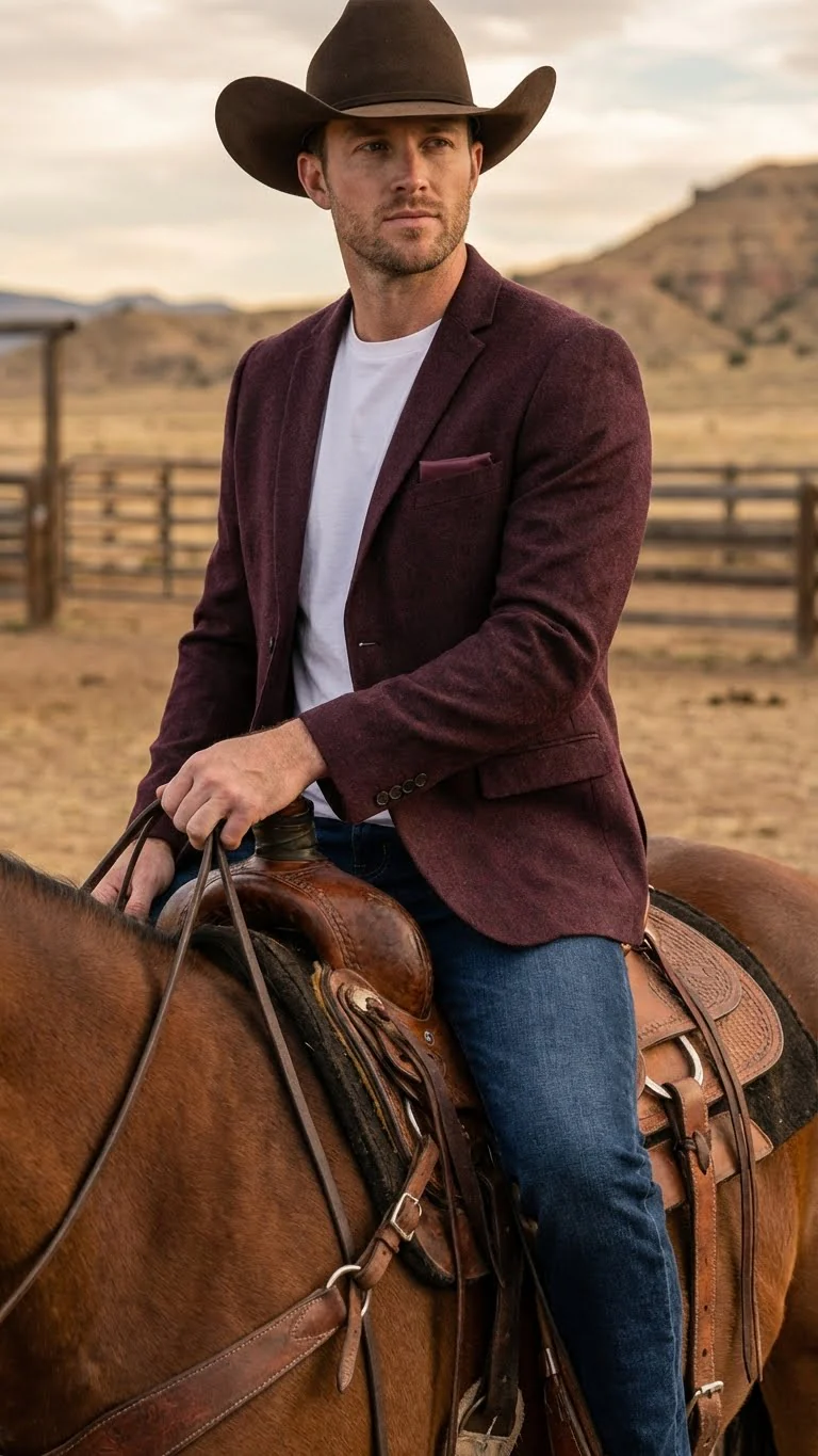 Men’s Burgundy Western Blazer Jacket, Textured Cowboy Style Sport Coat for - Tweed Herringbone Maroon Color - Image 10