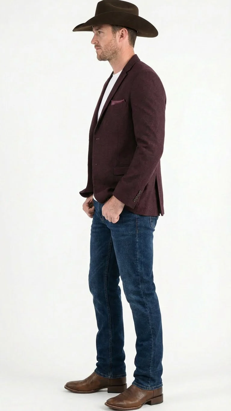 Men’s Burgundy Western Blazer Jacket, Textured Cowboy Style Sport Coat for - Tweed Herringbone Maroon Color - Image 3