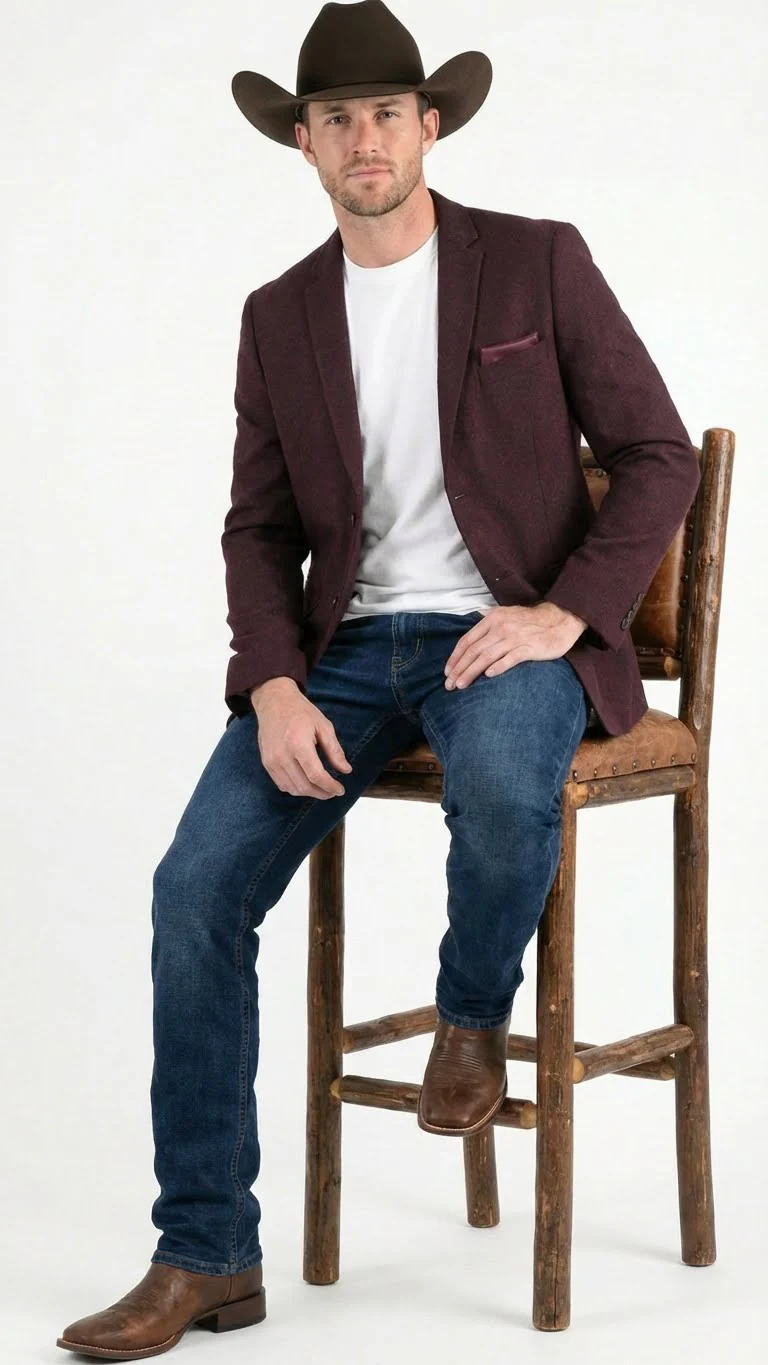 Men’s Burgundy Western Blazer Jacket, Textured Cowboy Style Sport Coat for - Tweed Herringbone Maroon Color - Image 4
