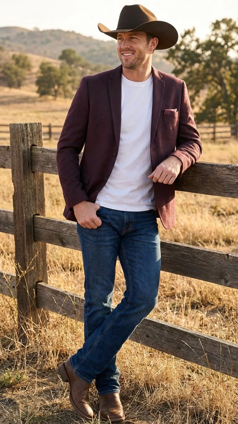 Men’s Burgundy Western Blazer Jacket, Textured Cowboy Style Sport Coat for - Tweed Herringbone Maroon Color - Image 5