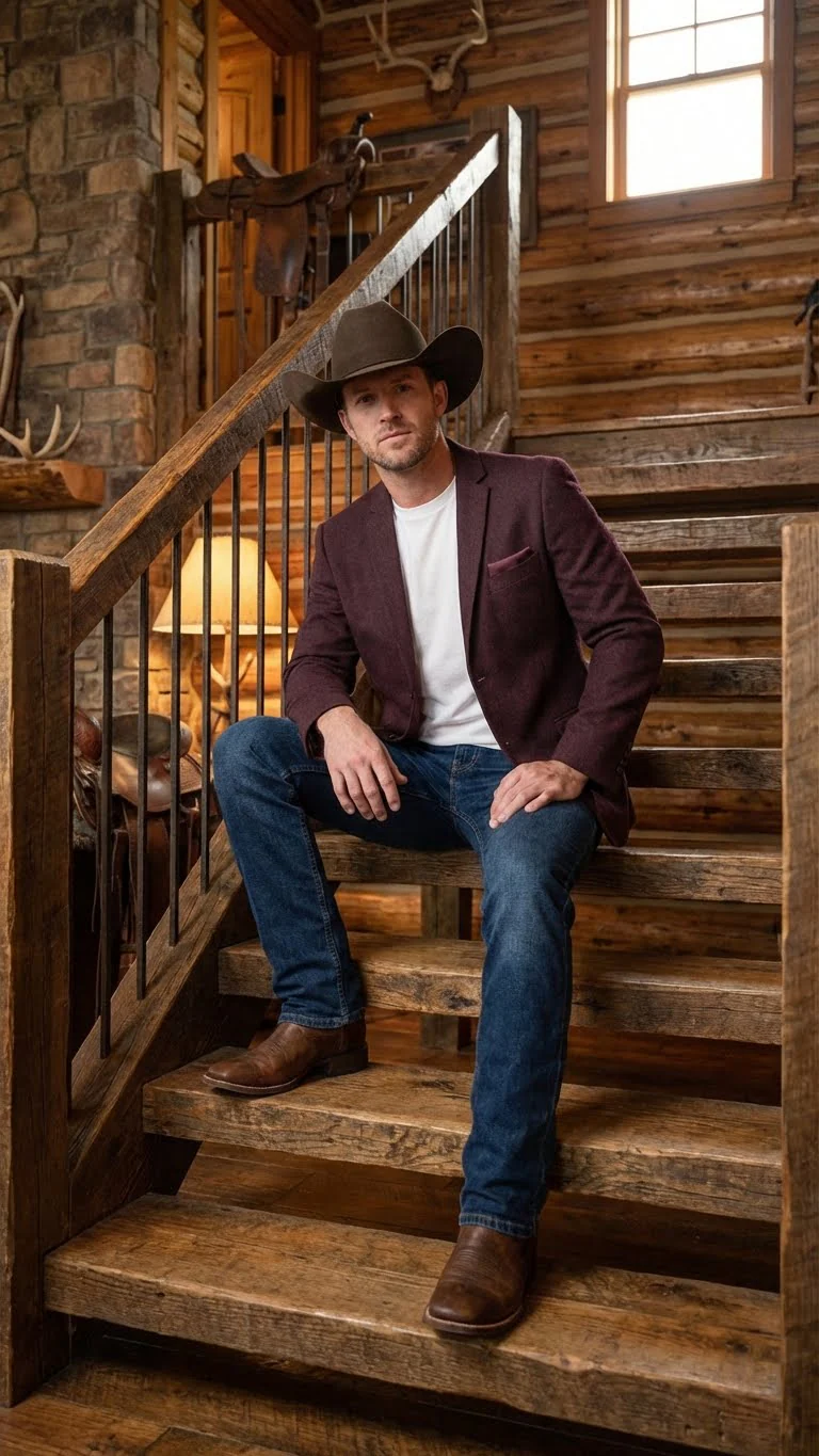Men’s Burgundy Western Blazer Jacket, Textured Cowboy Style Sport Coat for - Tweed Herringbone Maroon Color - Image 6