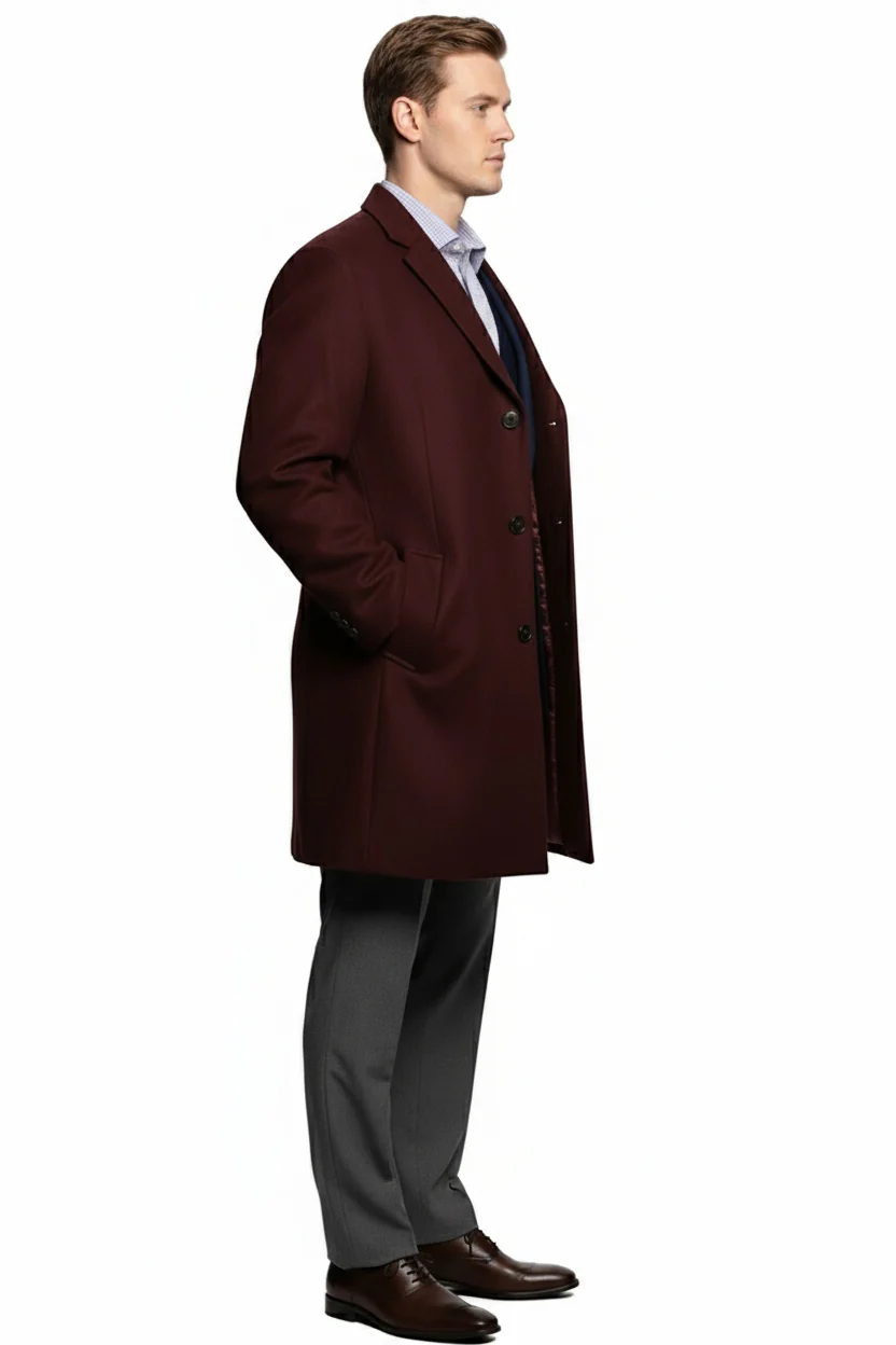 Men’s Burgundy Wool and Cashmere Car Coat – Classic Winter Topcoat for Business and Formal Wear - Image 3