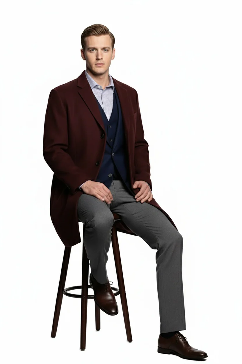 Men’s Burgundy Wool and Cashmere Car Coat – Classic Winter Topcoat for Business and Formal Wear - Image 4