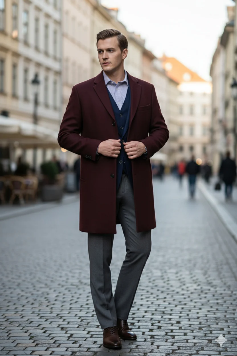 Men’s Burgundy Wool and Cashmere Car Coat – Classic Winter Topcoat for Business and Formal Wear - Image 5