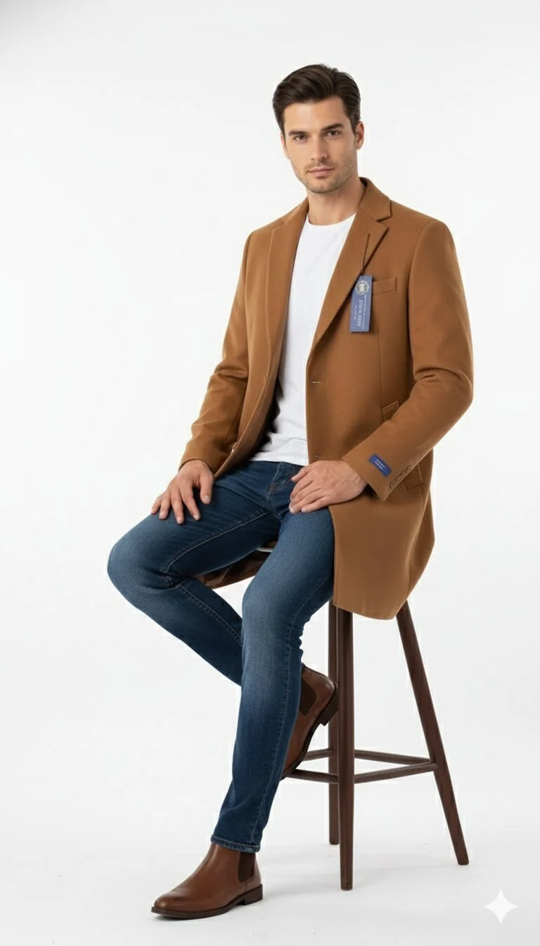 Men’s Camel Brown Wool Top Coat – Classic Long Overcoat for Formal and Casual Wear in rust copper - Image 4