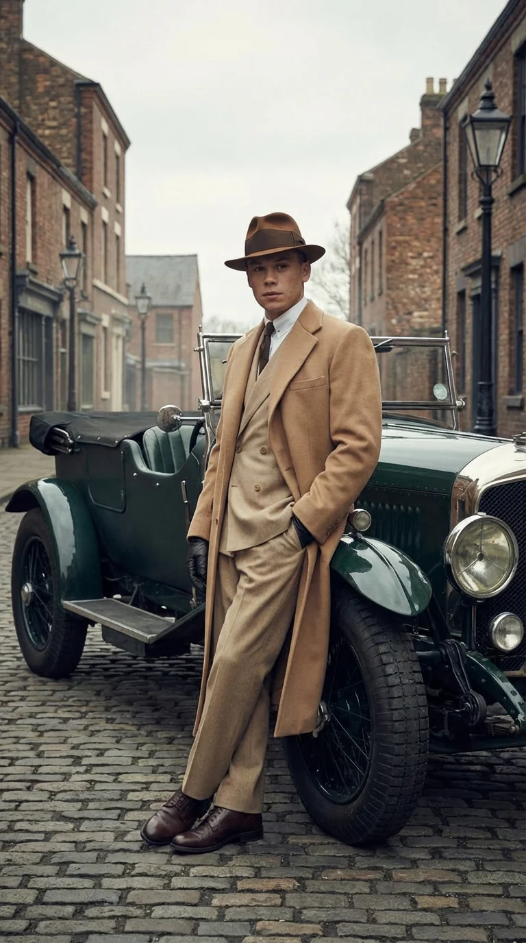 Men’s Cashmere & Wool Camel Beige Long Overcoat – Peaky Blinders Style Vintage Formal Coat + Suit + Hat Package - Image 7