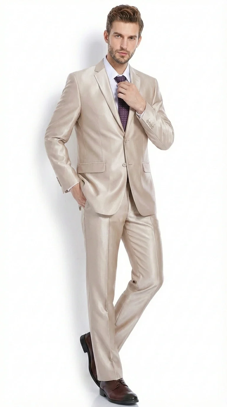 Men’s Champagne Tan Sharkskin 2 Button Suit – Shiny Formal Suit with Optional Vest for Wedding, Prom, Business Beige Color - Image 3