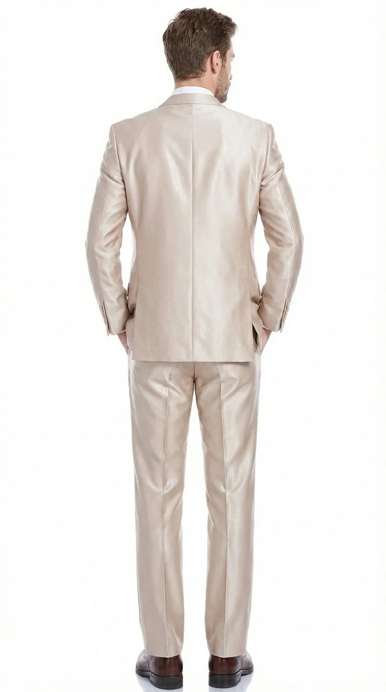 Men’s Champagne Tan Sharkskin 2 Button Suit – Shiny Formal Suit with Optional Vest for Wedding, Prom, Business Beige Color - Image 4