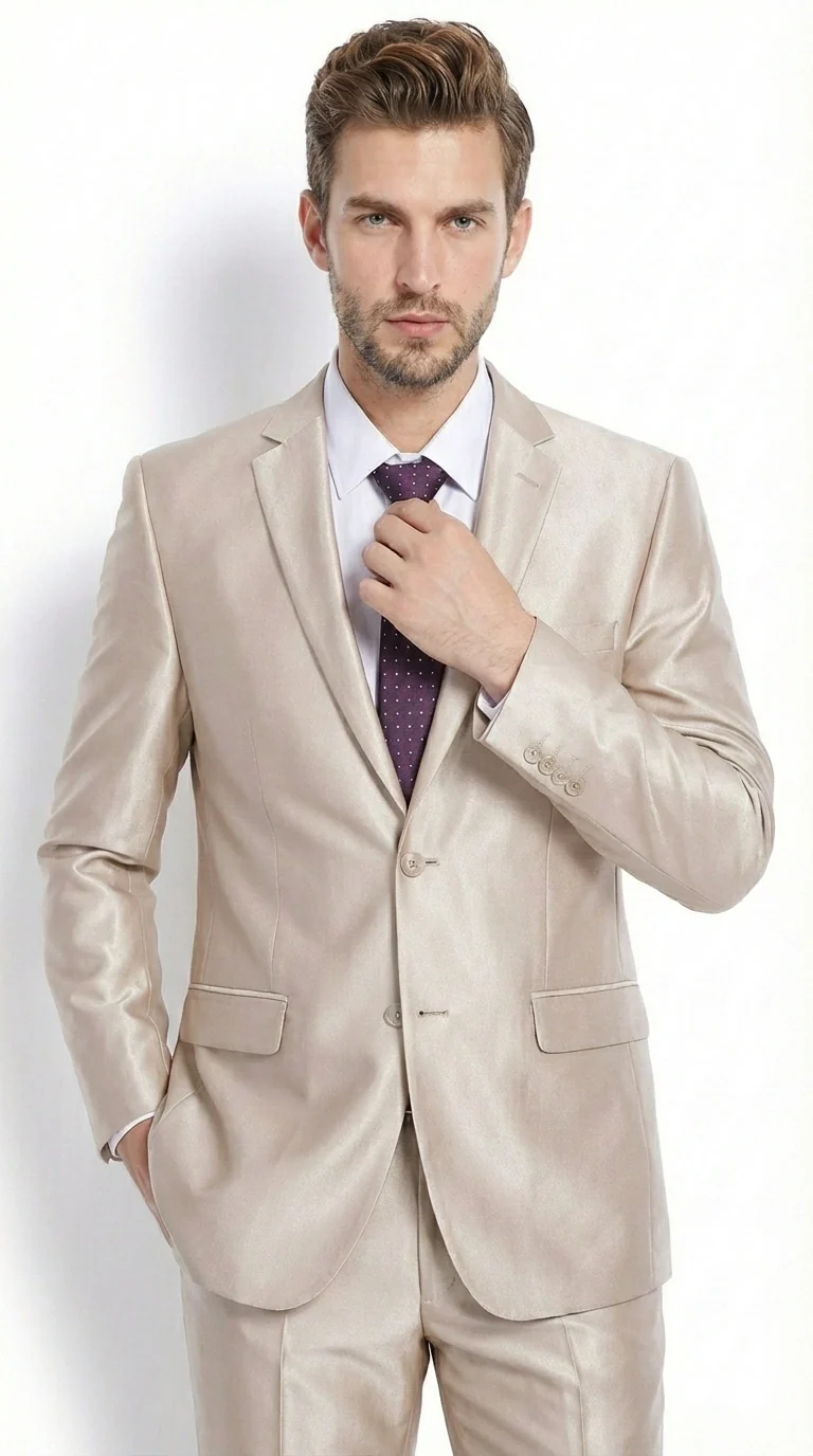 Men’s Champagne Tan Sharkskin 2 Button Suit – Shiny Formal Suit with Optional Vest for Wedding, Prom, Business Beige Color - Image 7