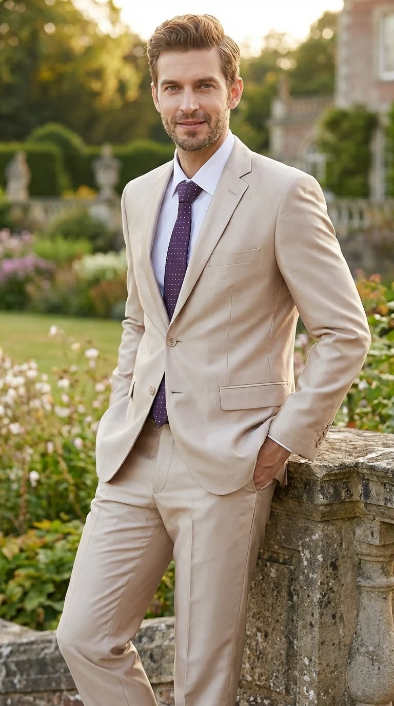Men’s Champagne Tan Sharkskin 2 Button Suit – Shiny Formal Suit with Optional Vest for Wedding, Prom, Business Beige Color - Image 9
