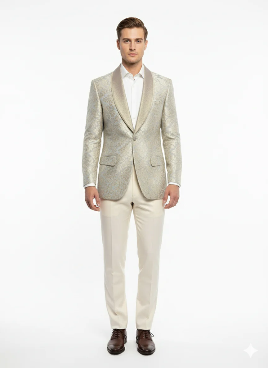 Men’s Champaign Silver and Cream Embroidered Luxury Blazer – Floral Pattern Wedding & Party Dinner Jacket in Light Tan Color
