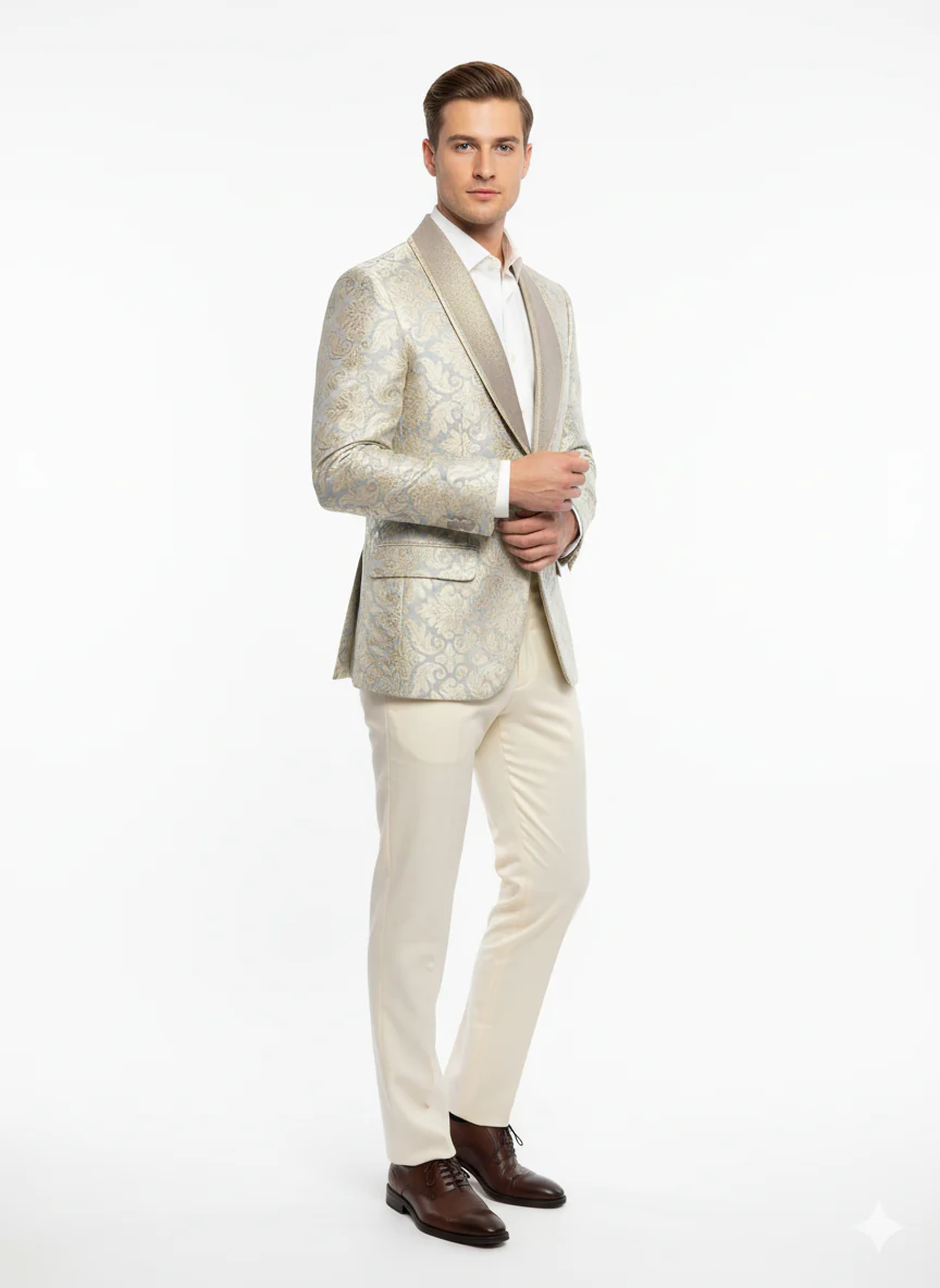 Men’s Champaign Silver and Cream Embroidered Luxury Blazer – Floral Pattern Wedding & Party Dinner Jacket in Light Tan Color - Image 2