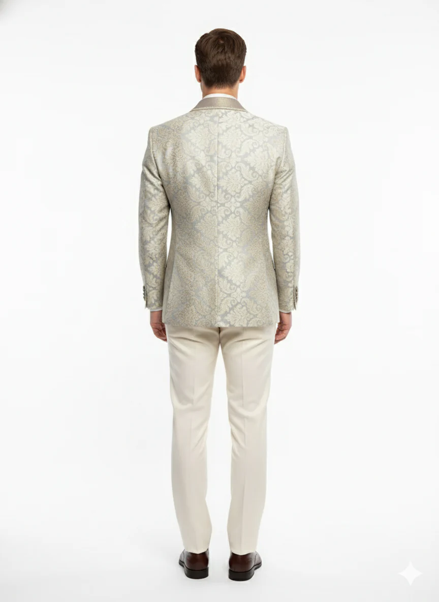 Men’s Champaign Silver and Cream Embroidered Luxury Blazer – Floral Pattern Wedding & Party Dinner Jacket in Light Tan Color - Image 3