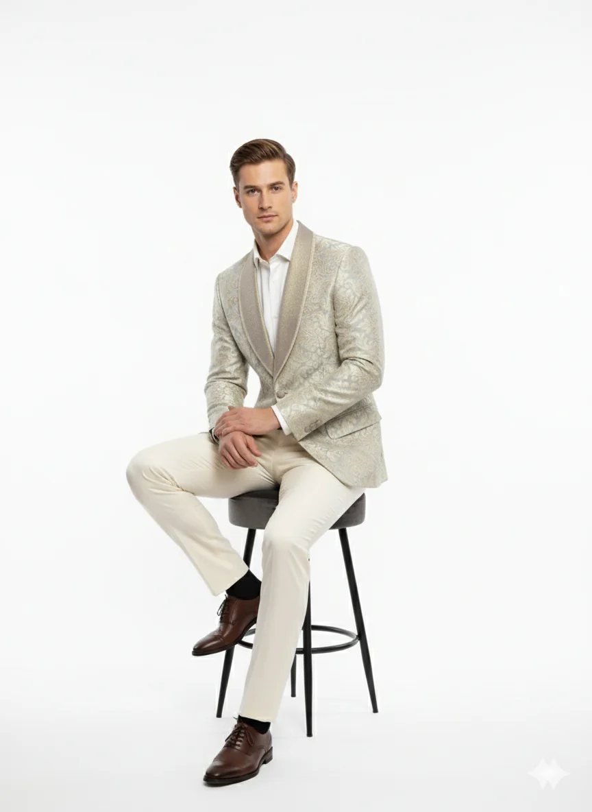 Men’s Champaign Silver and Cream Embroidered Luxury Blazer – Floral Pattern Wedding & Party Dinner Jacket in Light Tan Color - Image 4