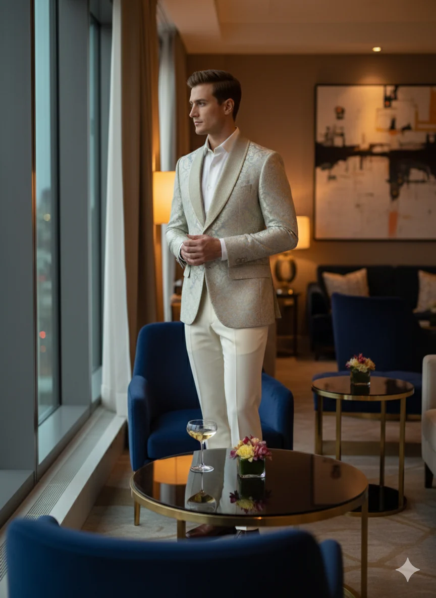 Men’s Champaign Silver and Cream Embroidered Luxury Blazer – Floral Pattern Wedding & Party Dinner Jacket in Light Tan Color - Image 5