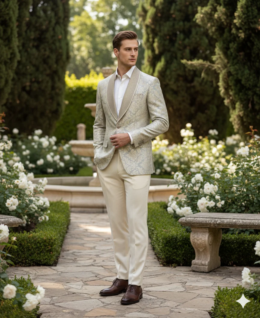 Men’s Champaign Silver and Cream Embroidered Luxury Blazer – Floral Pattern Wedding & Party Dinner Jacket in Light Tan Color - Image 6