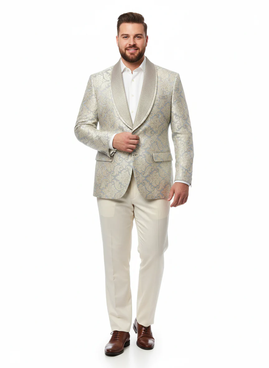 Men’s Champaign Silver and Cream Embroidered Luxury Blazer – Floral Pattern Wedding & Party Dinner Jacket in Light Tan Color - Image 7