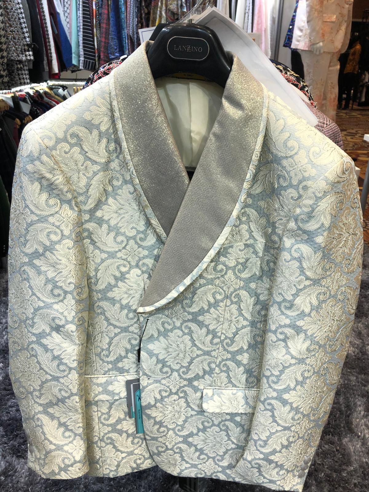 Men’s Champaign Silver and Cream Embroidered Luxury Blazer – Floral Pattern Wedding & Party Dinner Jacket in Light Tan Color - Image 8