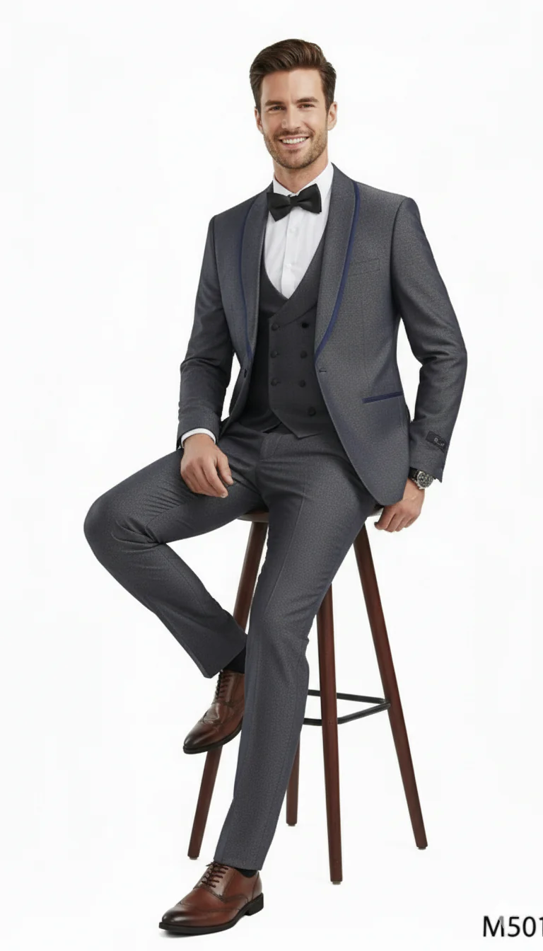 Men’s Charcoal Gray with blue Trim Slim Fit 3-Piece Suit – Modern Wedding and Business Formal Tuxedo Set - Image 4