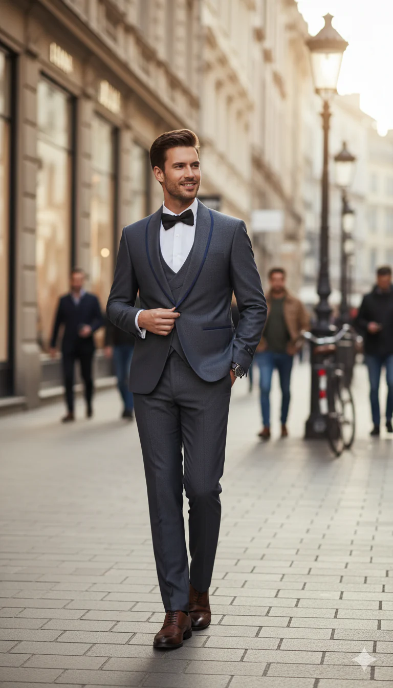 Men’s Charcoal Gray with blue Trim Slim Fit 3-Piece Suit – Modern Wedding and Business Formal Tuxedo Set - Image 5